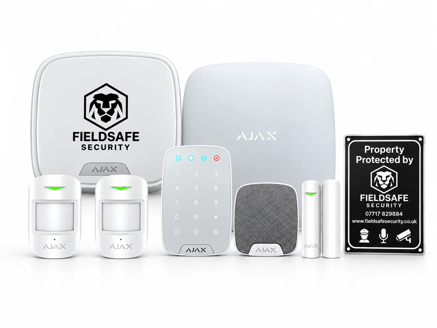 FieldSafe Ajax smart alarm package with 2 motion detectors, hub, keypad, sirens and branded sign
