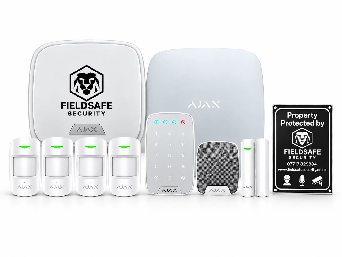 FieldSafe Ajax smart alarm package with 4 motion detectors, hub, keypad, sirens and branded sign