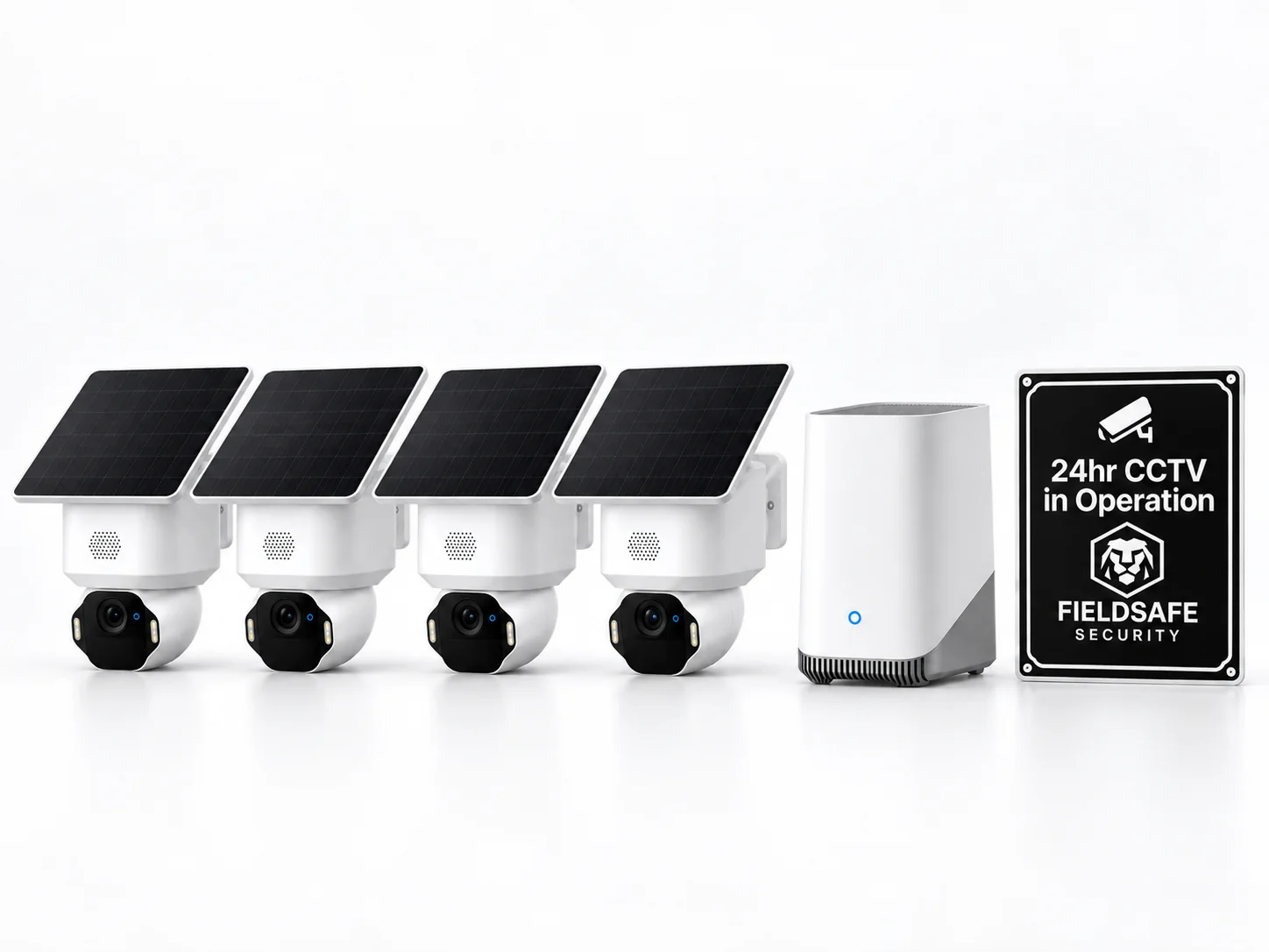 FieldSafe 4 Camera CCTV with 4 solar-powered cameras, equipment hub and black CCTV notice