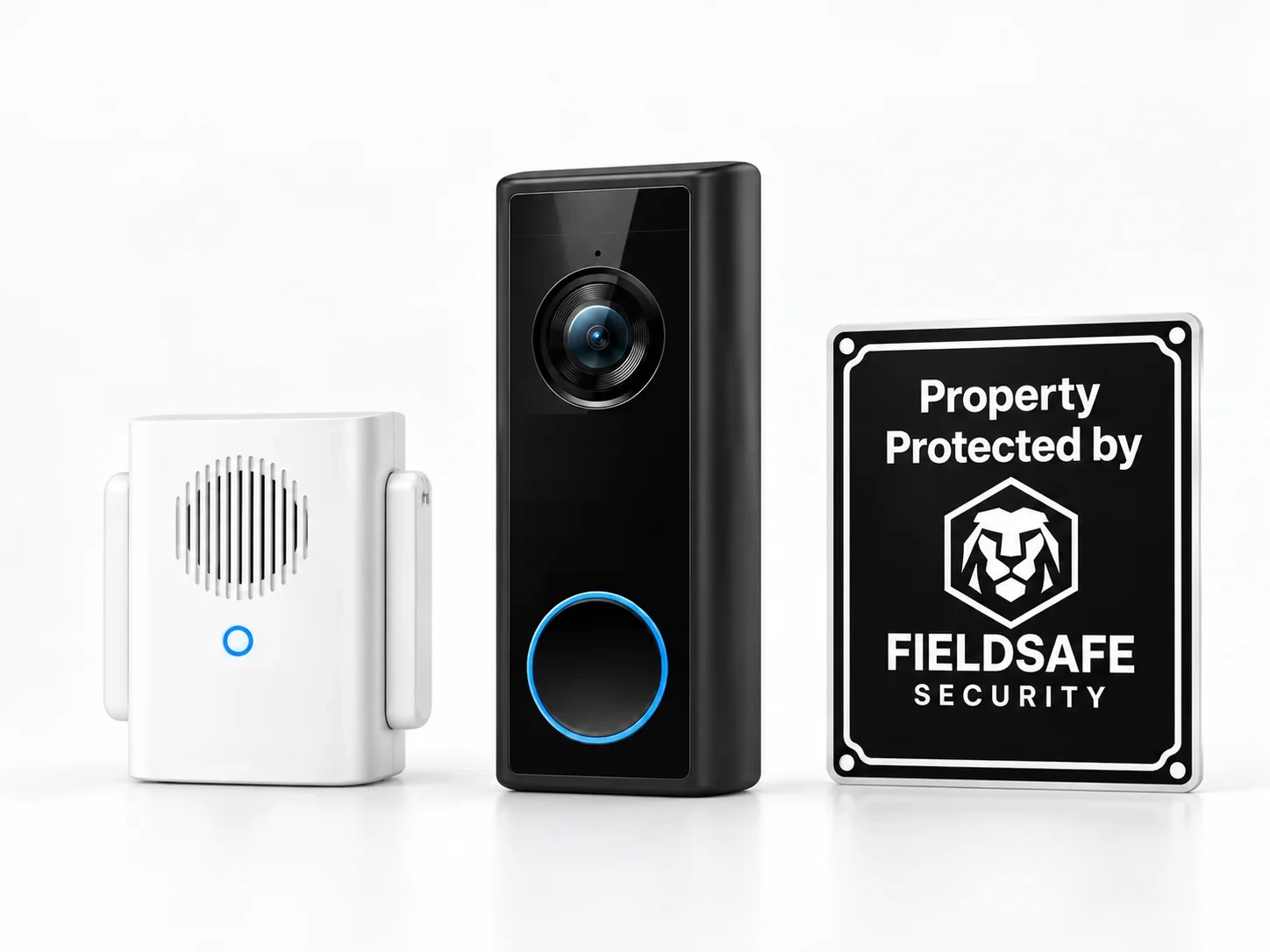 Unbranded video doorbell and chime with a FieldSafe property-protection sign