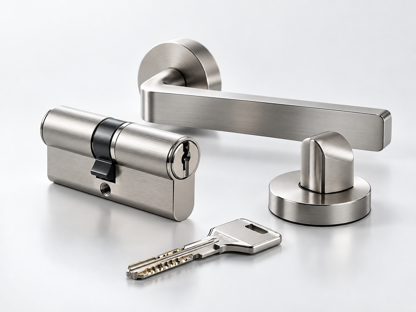 Premium lock hardware and key in a clean minimalist still-life
